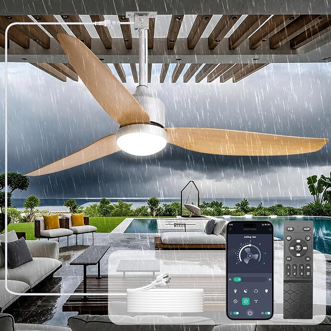 Outdoor Ceiling Fans with Lights: 52-Inch Outside Waterproof Plug-in Ceiling Fan with Light and Remote Control - 3-Blade