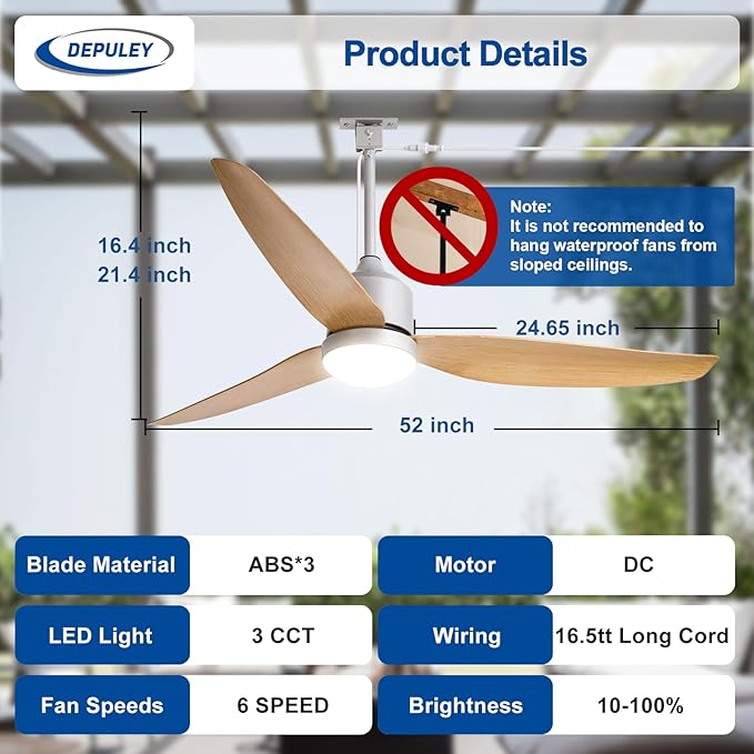 Outdoor Ceiling Fans with Lights: 52-Inch Outside Waterproof Plug-in Ceiling Fan with Light and Remote Control - 3-Blade