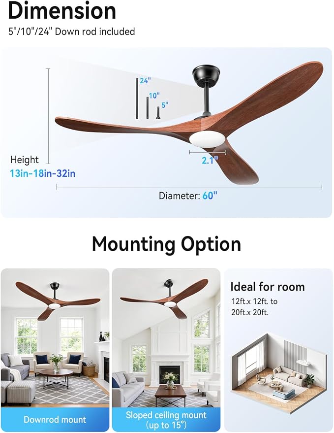 Outdoor Ceiling Fans with Lights 60 Inch, 3 Downrods, Remote Control, Indoor 3 Blade Wood Walnut Fan, DC Motor, alternate