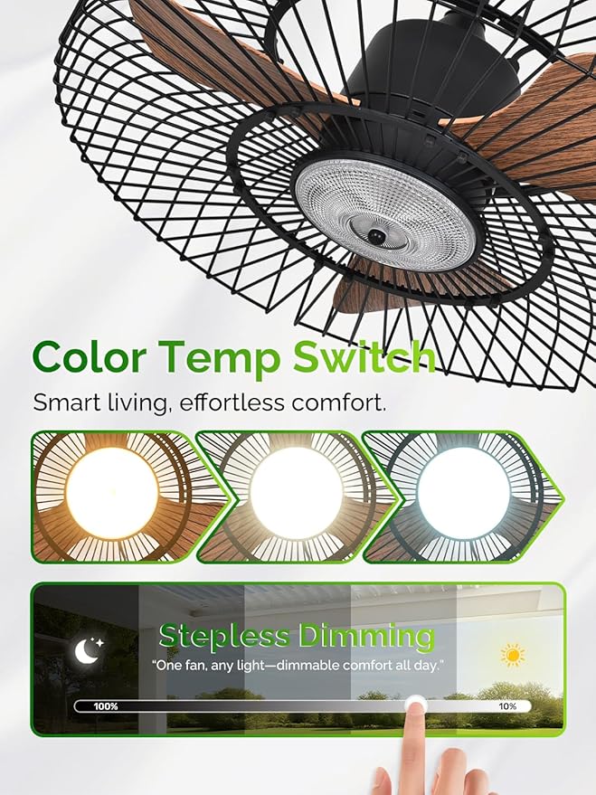 Outdoor Ceiling Fans with Lights for Patio, 24" Weatherproof Ceiling Fan, Gazebo Fan Remote & APP Control, 3CCT