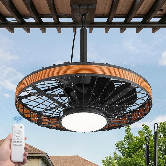 Outdoor Ceiling Fans with Lights, IP65 Waterproof Gazebo Fan with Hanging Hook,6 Speeds, 3CCT, 20 Inch Wet Rated Plug in