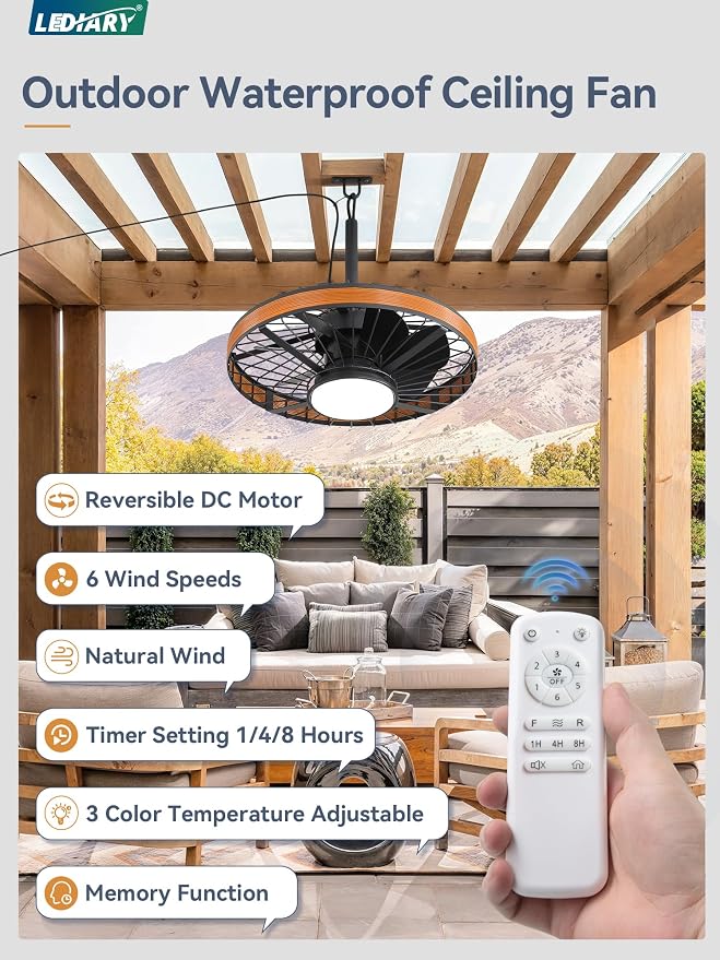 Outdoor Ceiling Fans with Lights, IP65 Waterproof Gazebo Fan with Hanging Hook,6 Speeds, 3CCT, 20 Inch Wet Rated Plug in