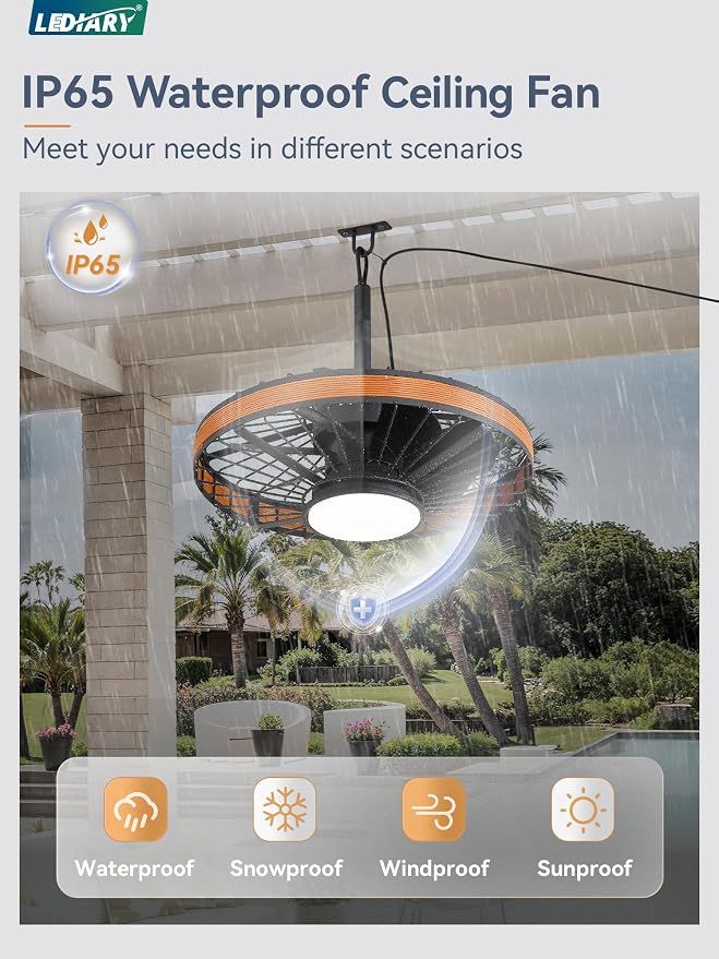 Outdoor Ceiling Fans with Lights, IP65 Waterproof Gazebo Fan with Hanging Hook,6 Speeds, 3CCT, 20 Inch Wet Rated Plug in