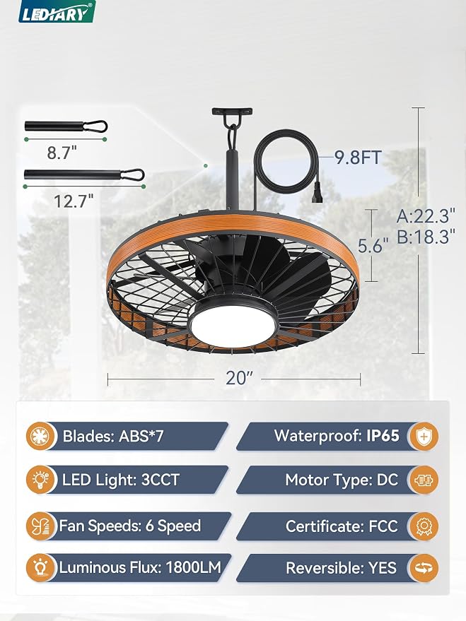 Outdoor Ceiling Fans with Lights, IP65 Waterproof Gazebo Fan with Hanging Hook,6 Speeds, 3CCT, 20 Inch Wet Rated Plug in
