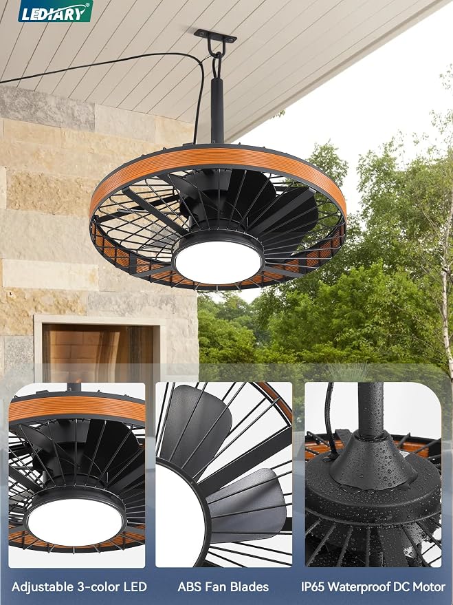 Outdoor Ceiling Fans with Lights, IP65 Waterproof Gazebo Fan with Hanging Hook,6 Speeds, 3CCT, 20 Inch Wet Rated Plug in
