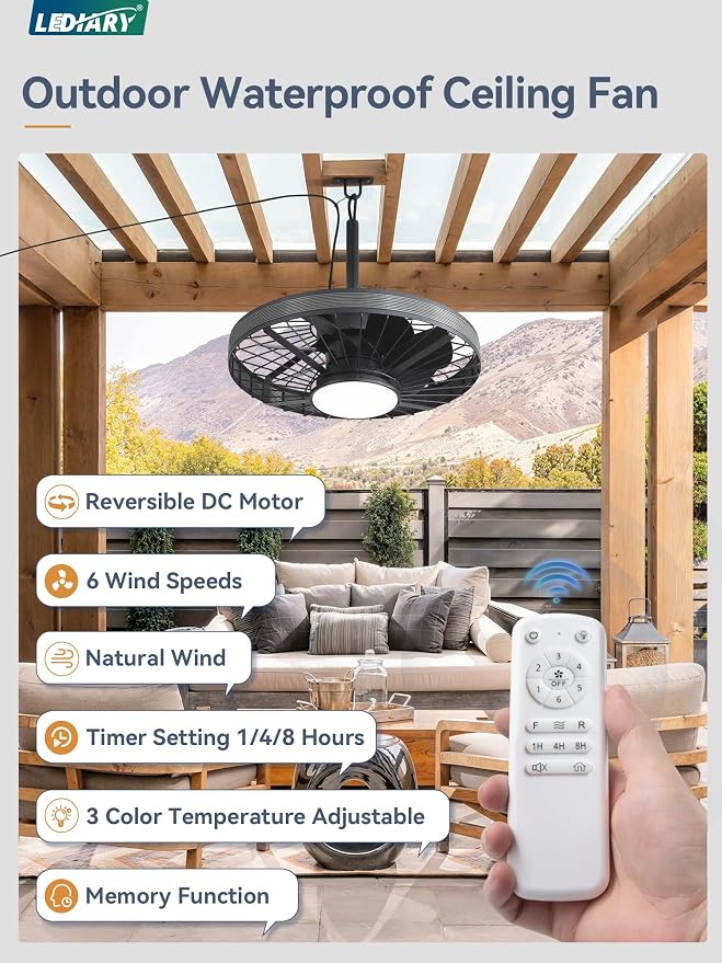 Outdoor Ceiling Fans with Lights, IP65 Waterproof Gazebo Fan with Hanging Hook,6 Speeds, 3CCT, 20 Inch Wet Rated Plug in