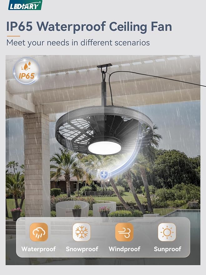 Outdoor Ceiling Fans with Lights, IP65 Waterproof Gazebo Fan with Hanging Hook,6 Speeds, 3CCT, 20 Inch Wet Rated Plug in