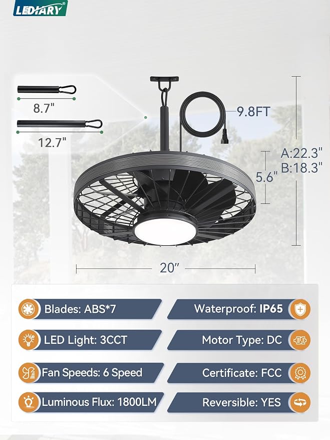 Outdoor Ceiling Fans with Lights, IP65 Waterproof Gazebo Fan with Hanging Hook,6 Speeds, 3CCT, 20 Inch Wet Rated Plug in