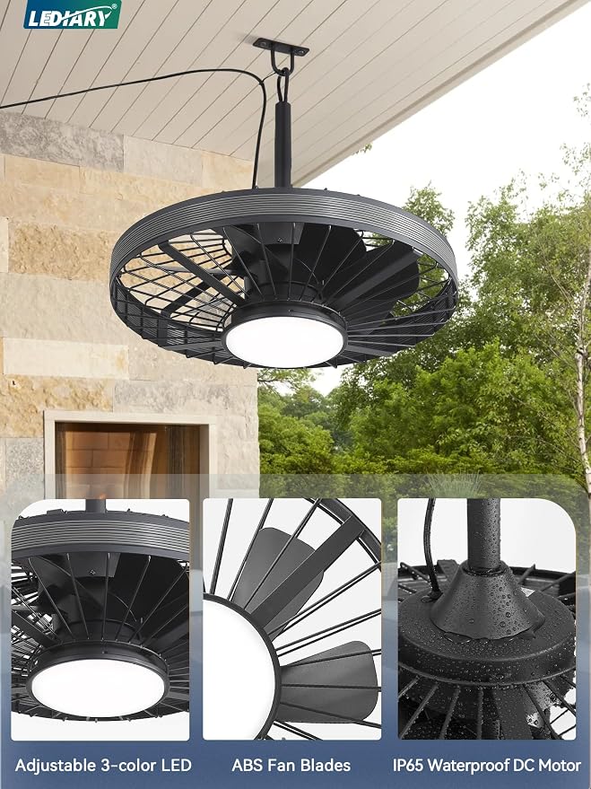 Outdoor Ceiling Fans with Lights, IP65 Waterproof Gazebo Fan with Hanging Hook,6 Speeds, 3CCT, 20 Inch Wet Rated Plug in