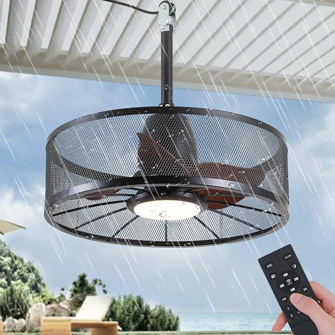 Outdoor Ceiling Fans with Lights - Waterproof Caged Ceiling Fan with 3CCT Reversible 6 Speeds (Plug In Fan), 20" Low Profile