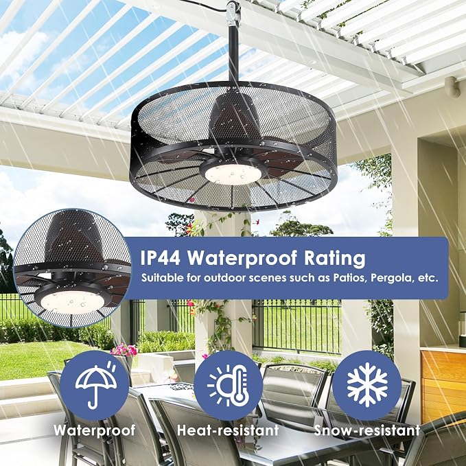 Outdoor Ceiling Fans with Lights - Waterproof Caged Ceiling Fan with 3CCT Reversible 6 Speeds (Plug In Fan), 20" Low Profile