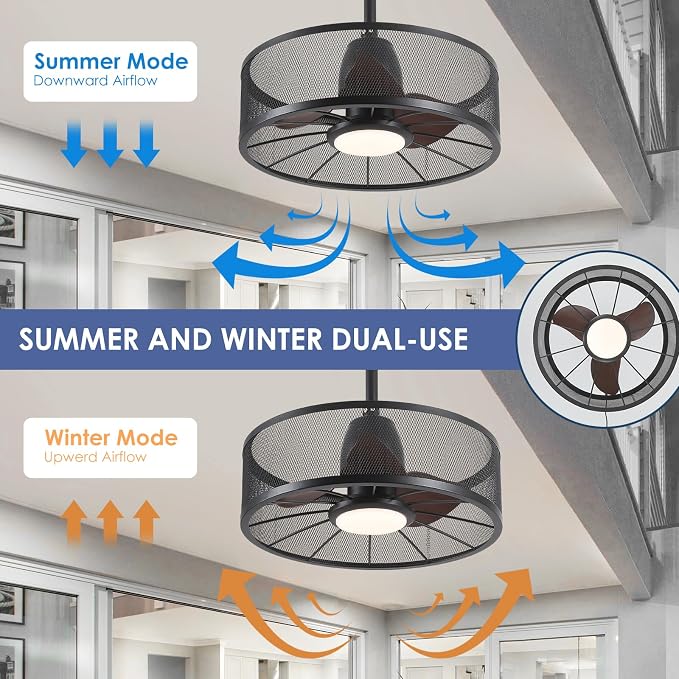 Outdoor Ceiling Fans with Lights - Waterproof Caged Ceiling Fan with 3CCT Reversible 6 Speeds (Plug In Fan), 20" Low Profile
