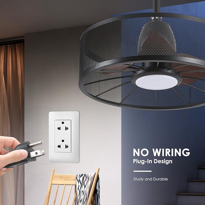 Outdoor Ceiling Fans with Lights - Waterproof Caged Ceiling Fan with 3CCT Reversible 6 Speeds (Plug In Fan), 20" Low Profile