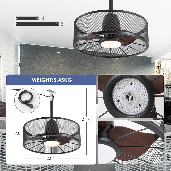 Outdoor Ceiling Fans with Lights - Waterproof Caged Ceiling Fan with 3CCT Reversible 6 Speeds (Plug In Fan), 20" Low Profile