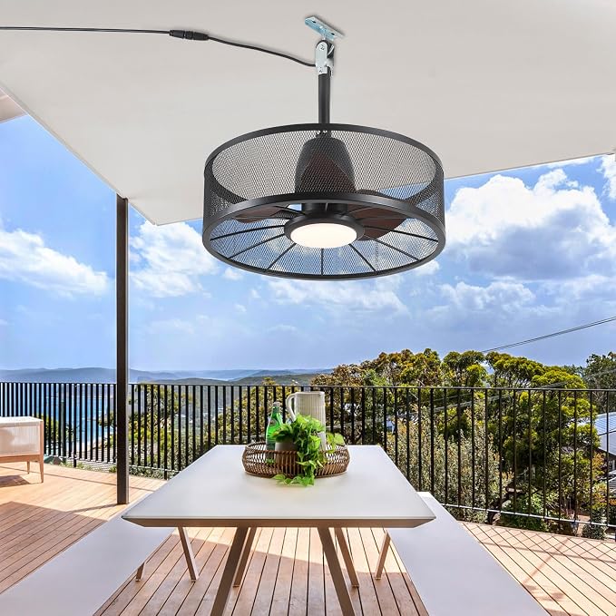 Outdoor Ceiling Fans with Lights - Waterproof Caged Ceiling Fan with 3CCT Reversible 6 Speeds (Plug In Fan), 20" Low Profile