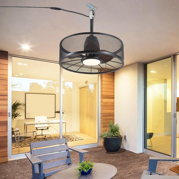 Outdoor Ceiling Fans with Lights - Waterproof Caged Ceiling Fan with 3CCT Reversible 6 Speeds (Plug In Fan), 20" Low Profile