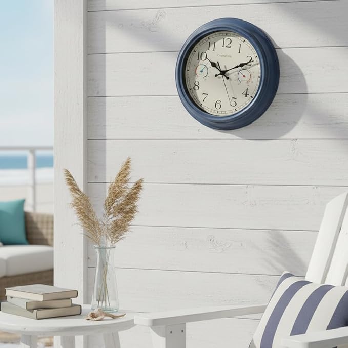 Outdoor Clock with Thermometer & Hygrometer Combo - 12" Vintage Blue Coastal Decor Waterproof Indoor Outdoor Wall Clock for