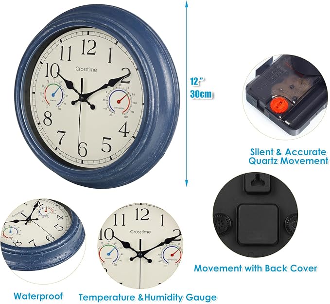 Outdoor Clock with Thermometer & Hygrometer Combo - 12" Vintage Blue Coastal Decor Waterproof Indoor Outdoor Wall Clock for