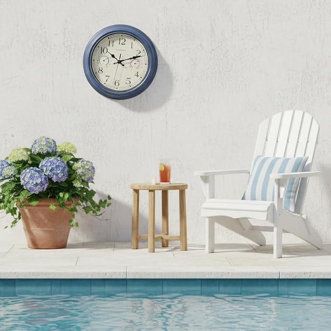 Outdoor Clock with Thermometer & Hygrometer Combo - 12" Vintage Blue Coastal Decor Waterproof Indoor Outdoor Wall Clock for