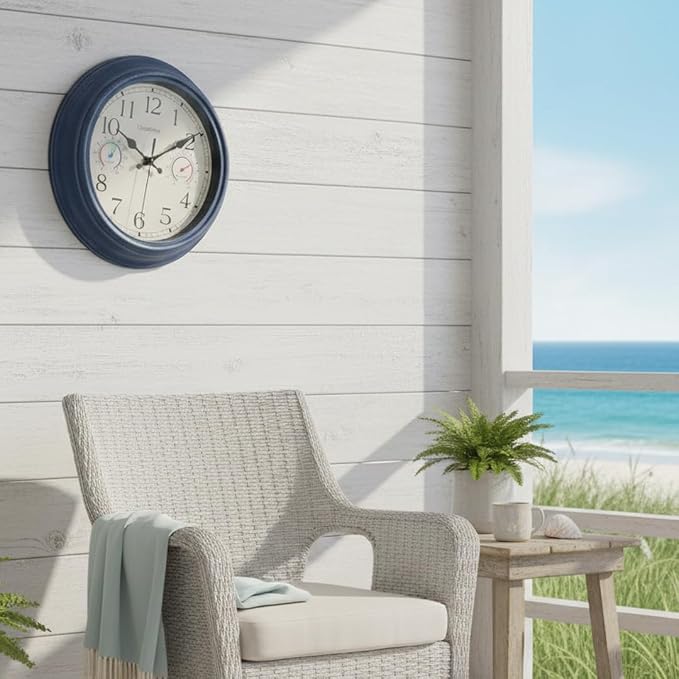 Outdoor Clock with Thermometer & Hygrometer Combo - 12" Vintage Blue Coastal Decor Waterproof Indoor Outdoor Wall Clock for