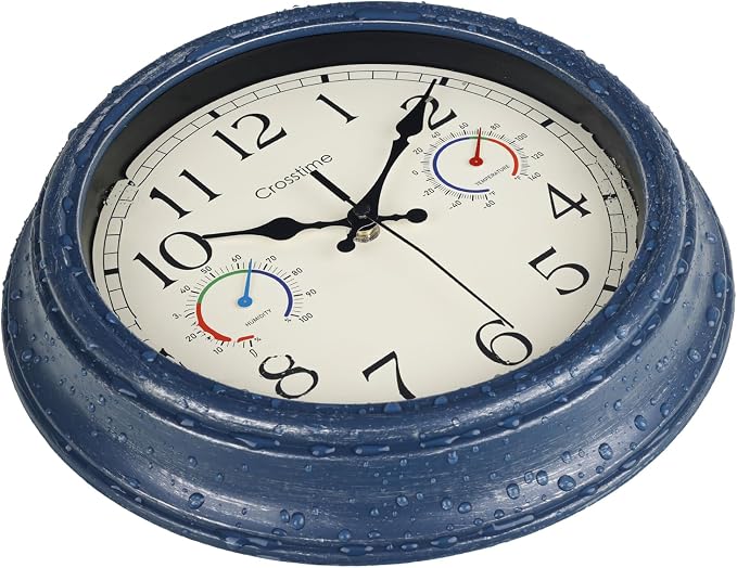 Outdoor Clock with Thermometer & Hygrometer Combo - 12" Vintage Blue Coastal Decor Waterproof Indoor Outdoor Wall Clock for