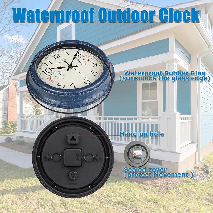 Outdoor Clock with Thermometer & Hygrometer Combo - 12" Vintage Blue Coastal Decor Waterproof Indoor Outdoor Wall Clock for