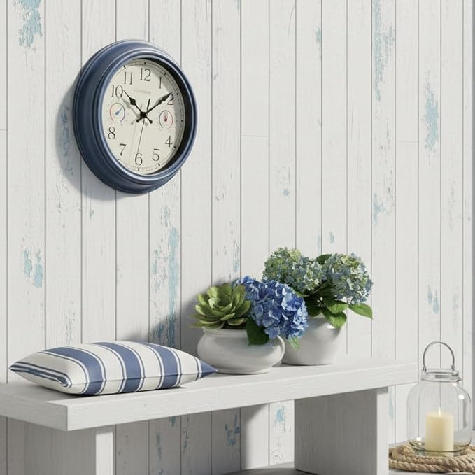Outdoor Clock with Thermometer & Hygrometer Combo - 12" Vintage Blue Coastal Decor Waterproof Indoor Outdoor Wall Clock for