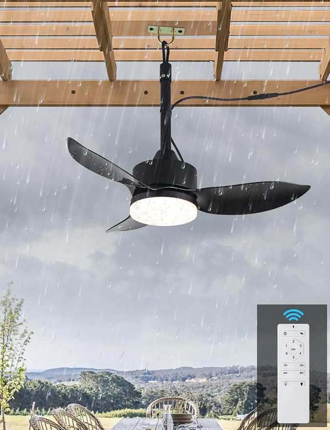 Outdoor Plug In Ceiling Fan with Light and Hook, 39" IP65 Waterproof Wet Rated Patio Ceiling Fans, Black, product image