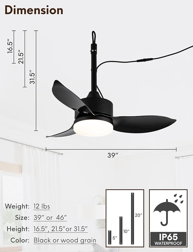 Outdoor Plug In Ceiling Fan with Light and Hook, 39" IP65 Waterproof Wet Rated Patio Ceiling Fans, Black, alternate product