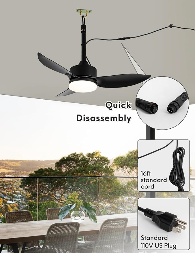 Outdoor Plug In Ceiling Fan with Light and Hook, 39" IP65 Waterproof Wet Rated Patio Ceiling Fans, Black, alternate product