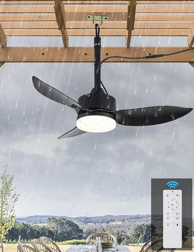Outdoor Plug In Ceiling Fan with Light and Hook, 46" IP65 Waterproof Wet Rated Patio Ceiling Fans, Black, product image
