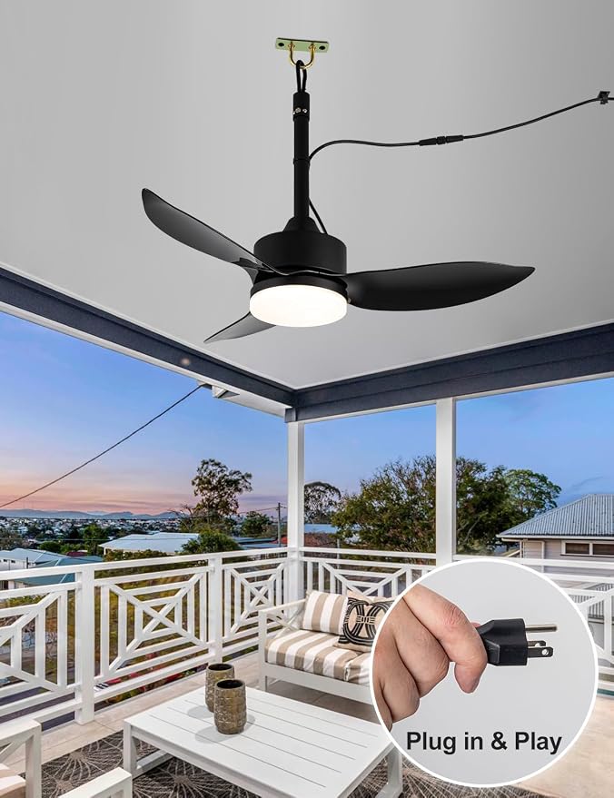 Outdoor Plug In Ceiling Fan with Light and Hook, 46" IP65 Waterproof Wet Rated Patio Ceiling Fans, Black, alternate product