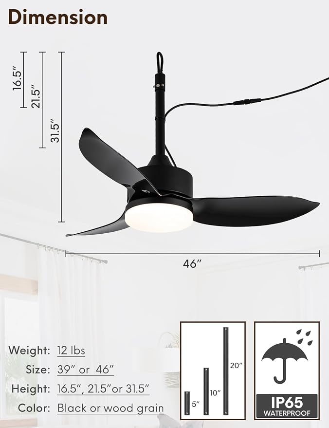 Outdoor Plug In Ceiling Fan with Light and Hook, 46" IP65 Waterproof Wet Rated Patio Ceiling Fans, Black, alternate product