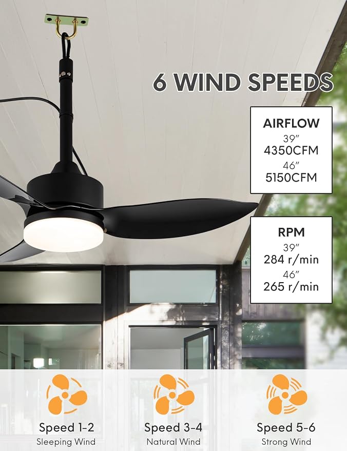 Outdoor Plug In Ceiling Fan with Light and Hook, 46" IP65 Waterproof Wet Rated Patio Ceiling Fans, Black, alternate product