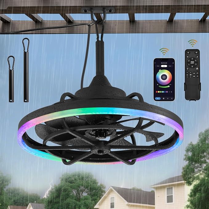 Outdoor RGB Ceiling Fans with Light for Patios, 20" Waterproof Plug in Ceiling Fan, Gazebo Fan Remote&APP Control, 3CCT