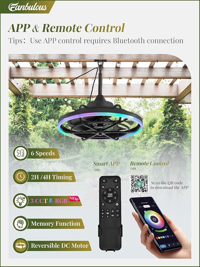 Outdoor RGB Ceiling Fans with Light for Patios, 20" Waterproof Plug in Ceiling Fan, Gazebo Fan Remote&APP Control, 3CCT
