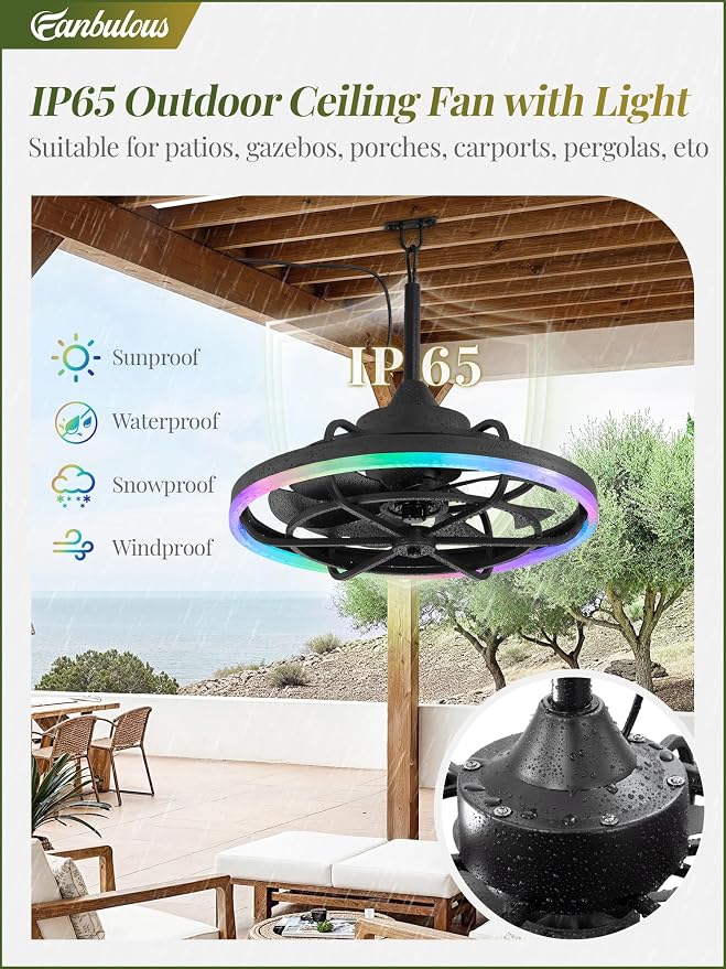 Outdoor RGB Ceiling Fans with Light for Patios, 20" Waterproof Plug in Ceiling Fan, Gazebo Fan Remote&APP Control, 3CCT
