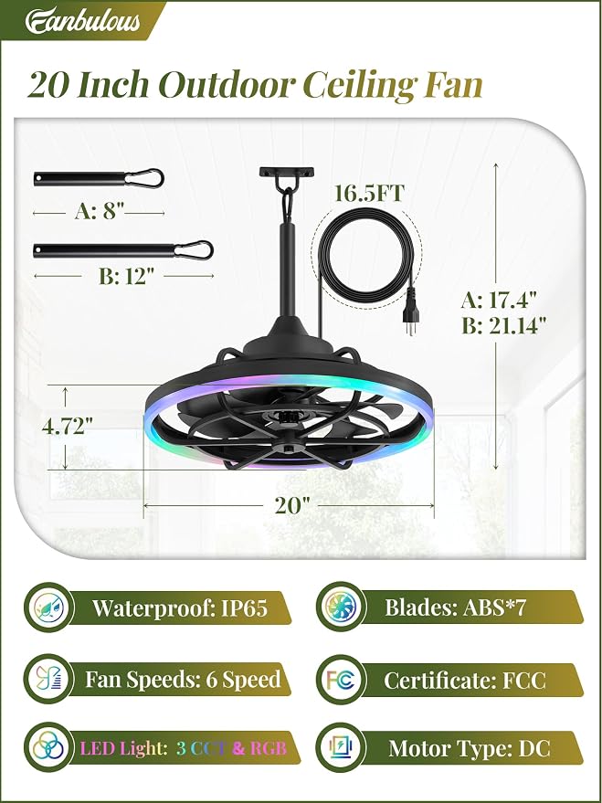 Outdoor RGB Ceiling Fans with Light for Patios, 20" Waterproof Plug in Ceiling Fan, Gazebo Fan Remote&APP Control, 3CCT