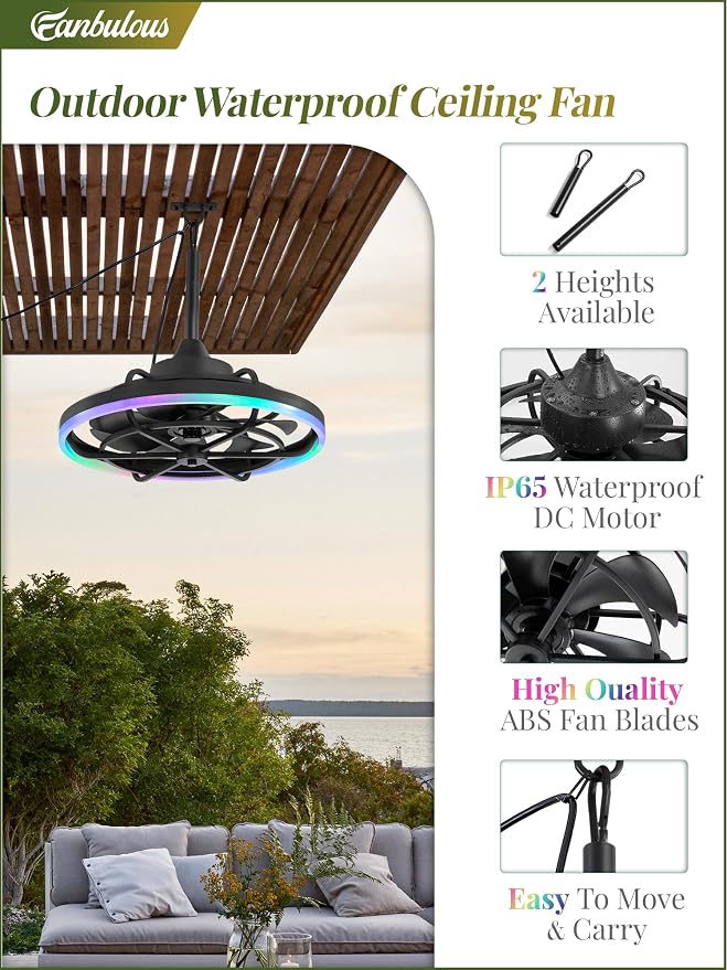 Outdoor RGB Ceiling Fans with Light for Patios, 20" Waterproof Plug in Ceiling Fan, Gazebo Fan Remote&APP Control, 3CCT