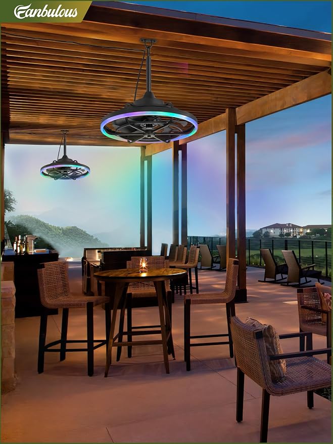 Outdoor RGB Ceiling Fans with Light for Patios, 20" Waterproof Plug in Ceiling Fan, Gazebo Fan Remote&APP Control, 3CCT