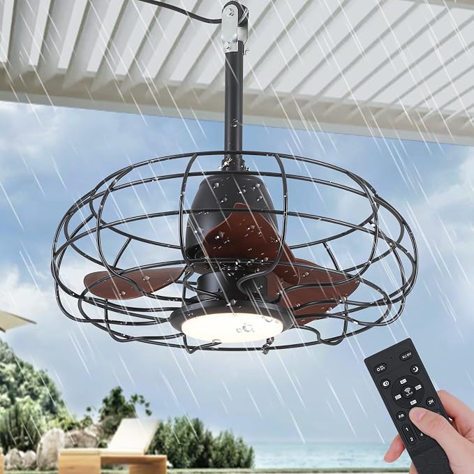 Outdoor Waterproof Ceiling Fan - 20" Caged Ceiling Fans with LED Lights, Reversible AC Motor, Low Profile Industrial Fan