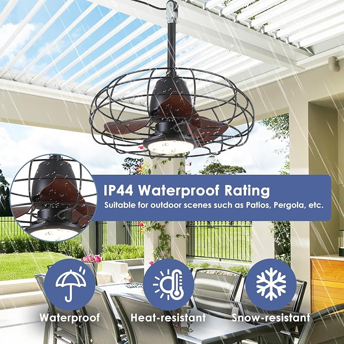 Outdoor Waterproof Ceiling Fan - 20" Caged Ceiling Fans with LED Lights, Reversible AC Motor, Low Profile Industrial Fan