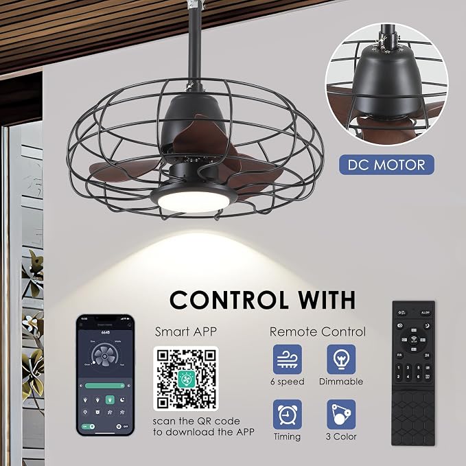 Outdoor Waterproof Ceiling Fan - 20" Caged Ceiling Fans with LED Lights, Reversible AC Motor, Low Profile Industrial Fan