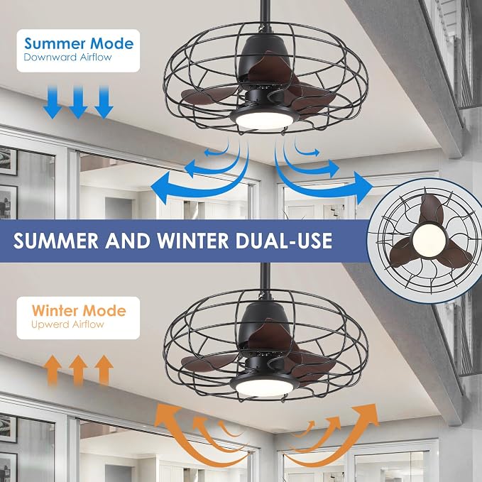 Outdoor Waterproof Ceiling Fan - 20" Caged Ceiling Fans with LED Lights, Reversible AC Motor, Low Profile Industrial Fan