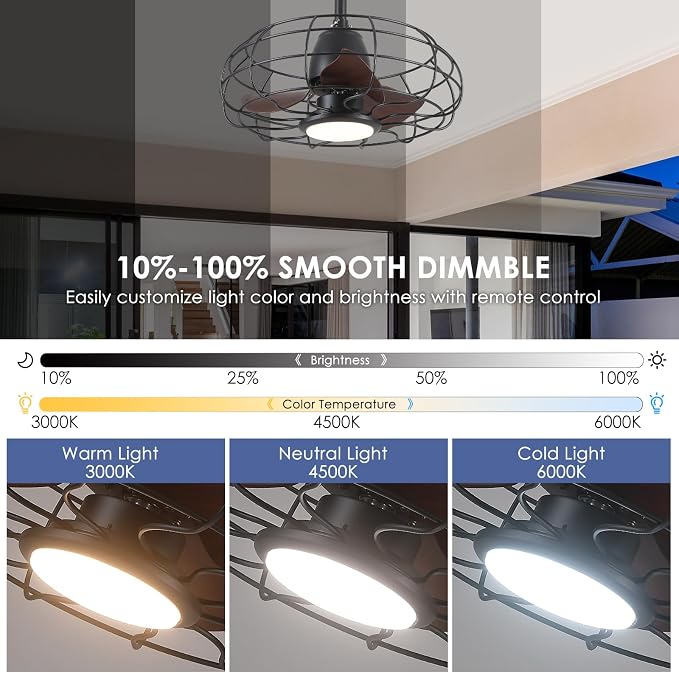 Outdoor Waterproof Ceiling Fan - 20" Caged Ceiling Fans with LED Lights, Reversible AC Motor, Low Profile Industrial Fan