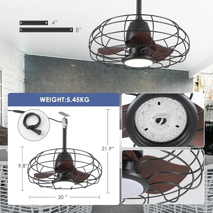 Outdoor Waterproof Ceiling Fan - 20" Caged Ceiling Fans with LED Lights, Reversible AC Motor, Low Profile Industrial Fan