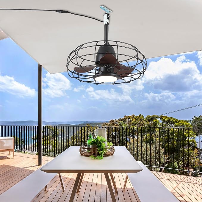 Outdoor Waterproof Ceiling Fan - 20" Caged Ceiling Fans with LED Lights, Reversible AC Motor, Low Profile Industrial Fan
