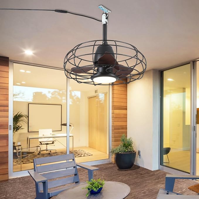 Outdoor Waterproof Ceiling Fan - 20" Caged Ceiling Fans with LED Lights, Reversible AC Motor, Low Profile Industrial Fan