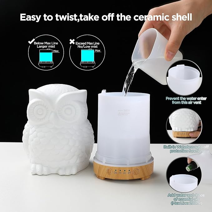 Owl Ceramic Aromatherapy Diffuser 160ml Stone ultrasonic Cool Mist Scent Essential Oil Diffuser Humidifier with Intermittent