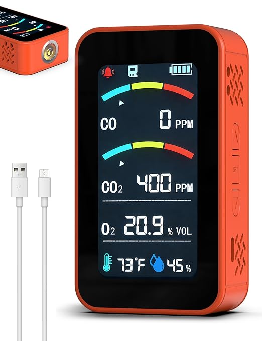 Oxygen Detector, 7-in-1 Rechargeable Oxygen Monitor Measures CO/CO2/O2/Temperature/Humidity, with Flashlight & SD Card